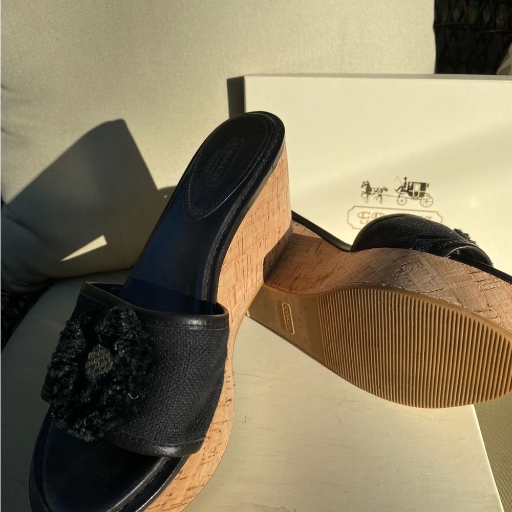 COACH Black Jazmin Canvas Cork Platform Wedge Sandals Shoes Size 9 - Picture 6 of 11
